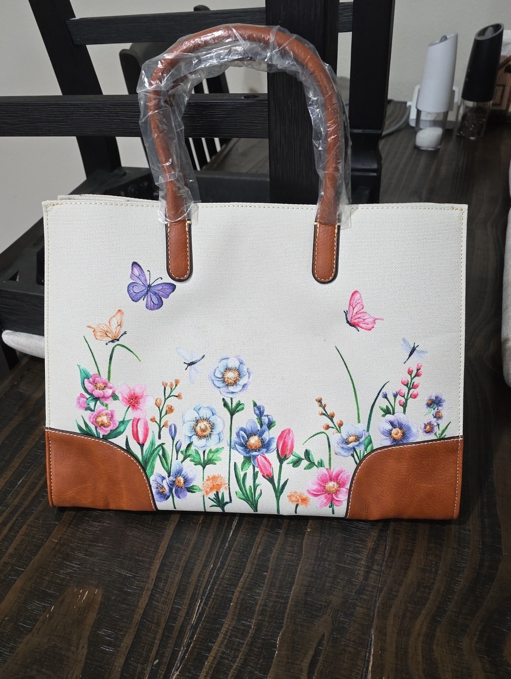 Floral Canvas Tote Bag with Tan Leather Trim